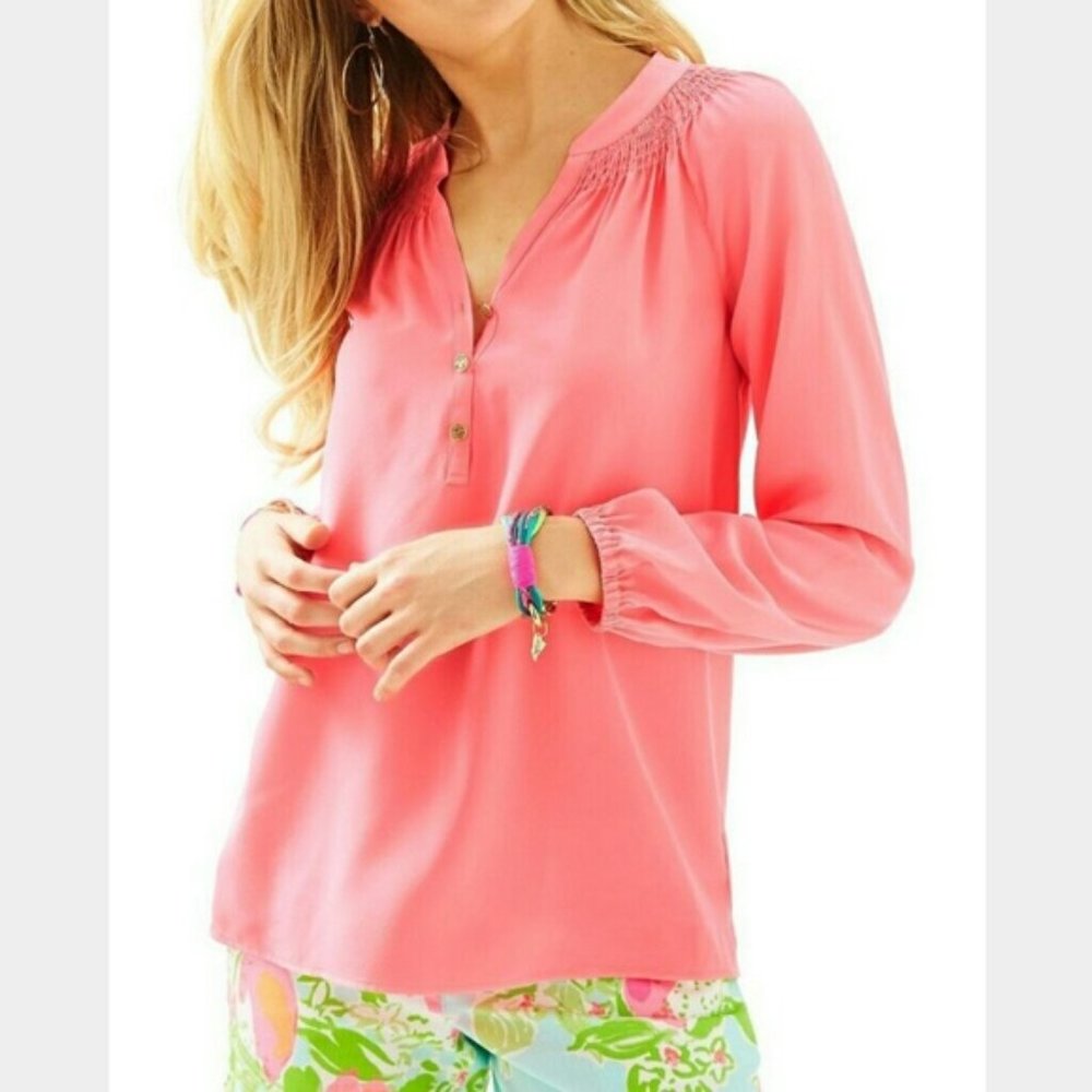 Lilly Pulitzer Coral Pink Long Sleeve Smocked Yoke Blouse